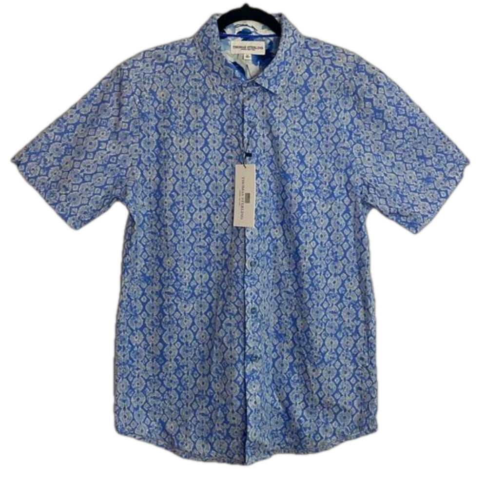 Thomas Sterling Mineral Blue and White Geo Print Button Down Cotton SKU0717